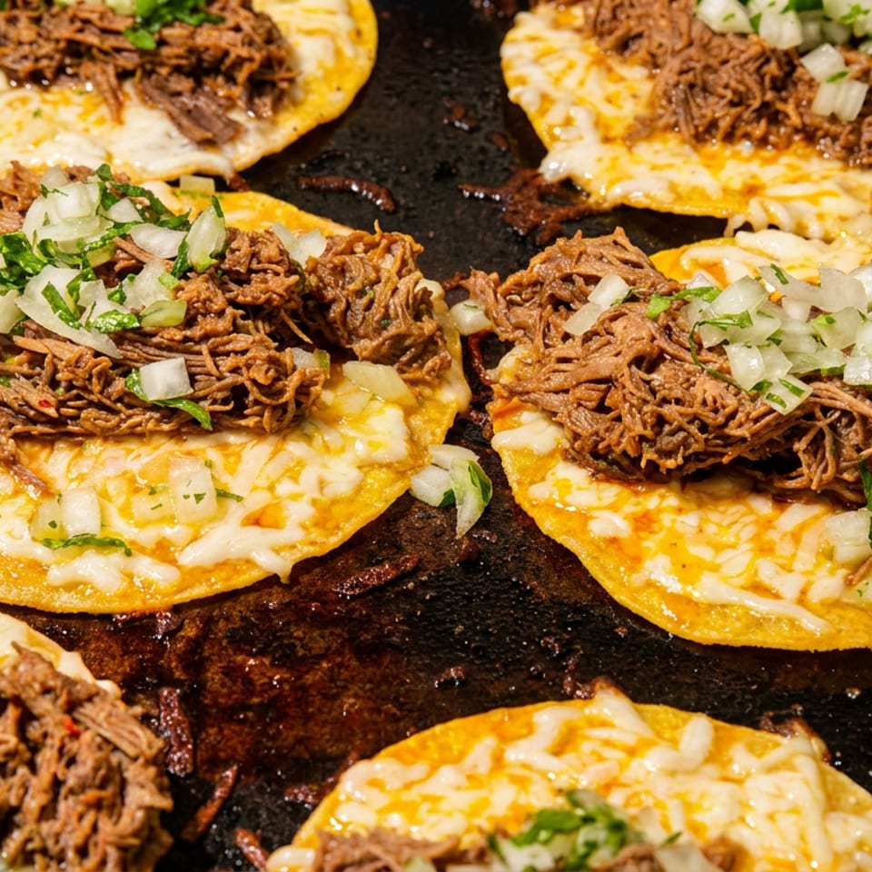 Several birria tacos with shredded beef, melted cheese, and diced onions cooking on a griddle.