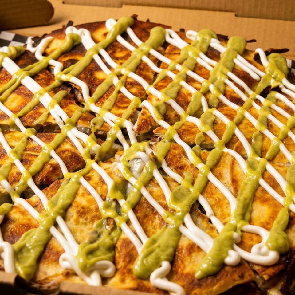 A large quesadilla, cut into wedges, drizzled with white and green sauces in a pizza box.