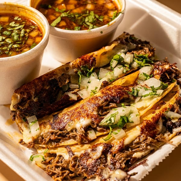Birria tacos with melted cheese, onions, and cilantro, served with two cups of consommé.
