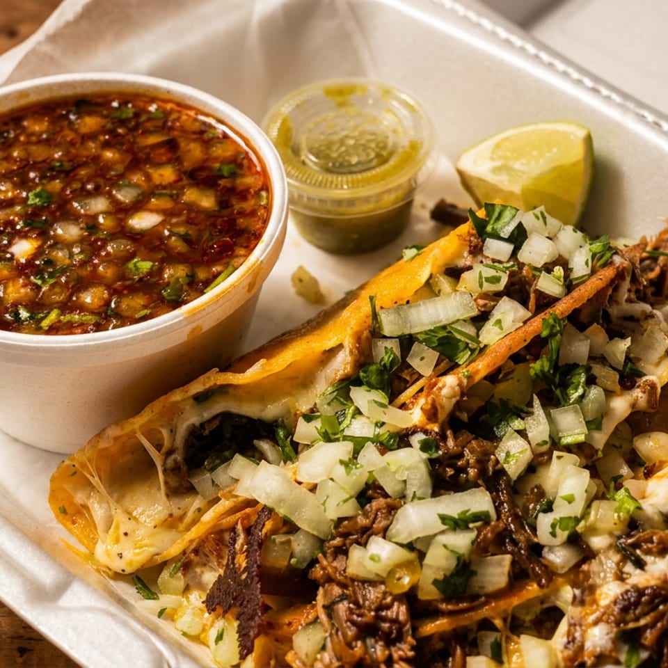 Birria tacos with consommé, green salsa, and a lime wedge in a white takeout container.