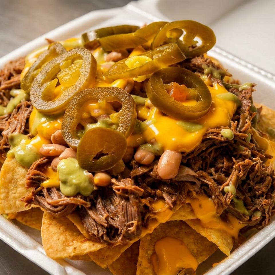 Loaded nachos with shredded meat, cheese sauce, pinto beans, guacamole, and sliced jalapeños in a to-go container.
