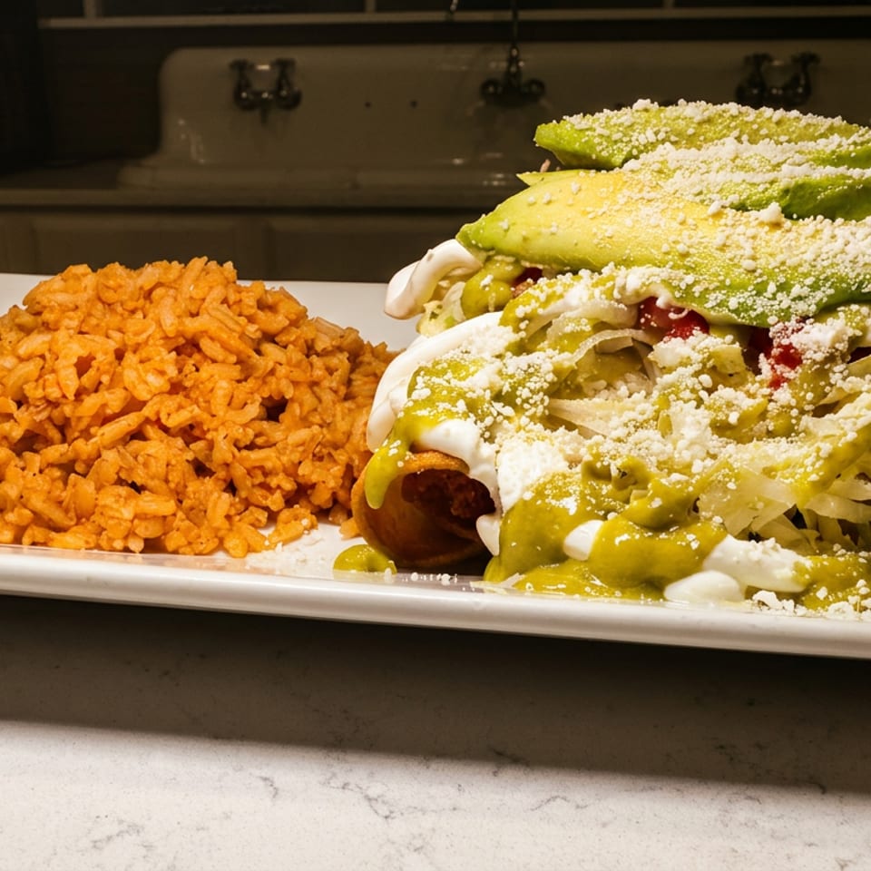 A plate of Mexican food with rice, refried beans, and taquitos topped with avocado, lettuce, and cheese.