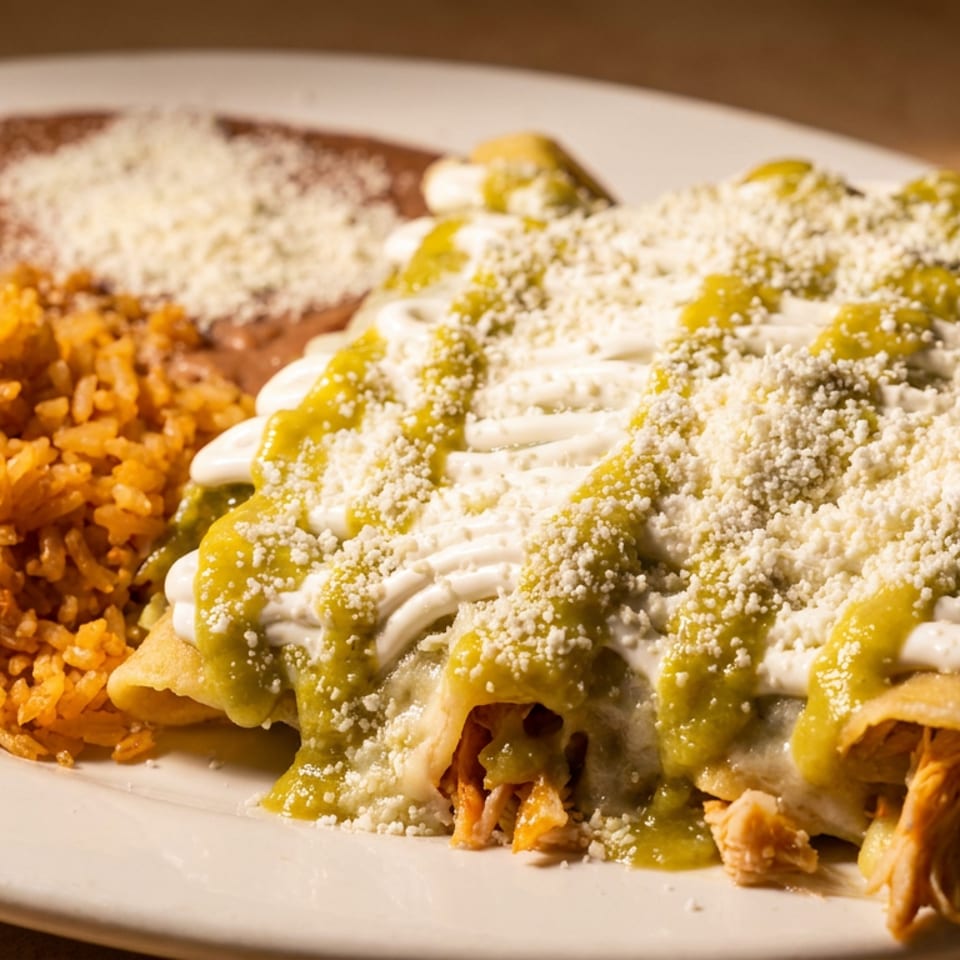 Chicken enchiladas with green sauce, sour cream, and cheese, served with rice and refried beans.