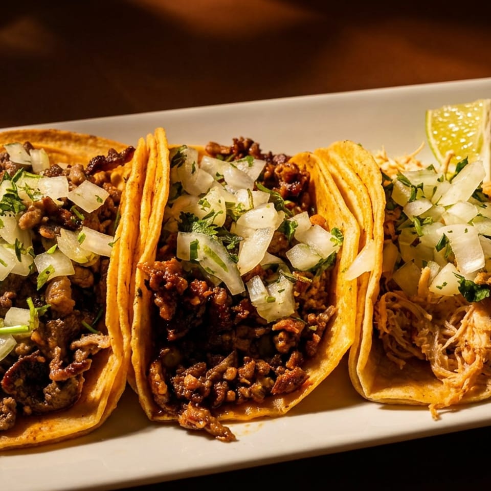 Three tacos, two with ground meat and one with shredded chicken, topped with onions, cilantro, and lime wedges.