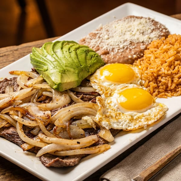 Steak with grilled onions, avocado slices, two fried eggs, rice, and refried beans.