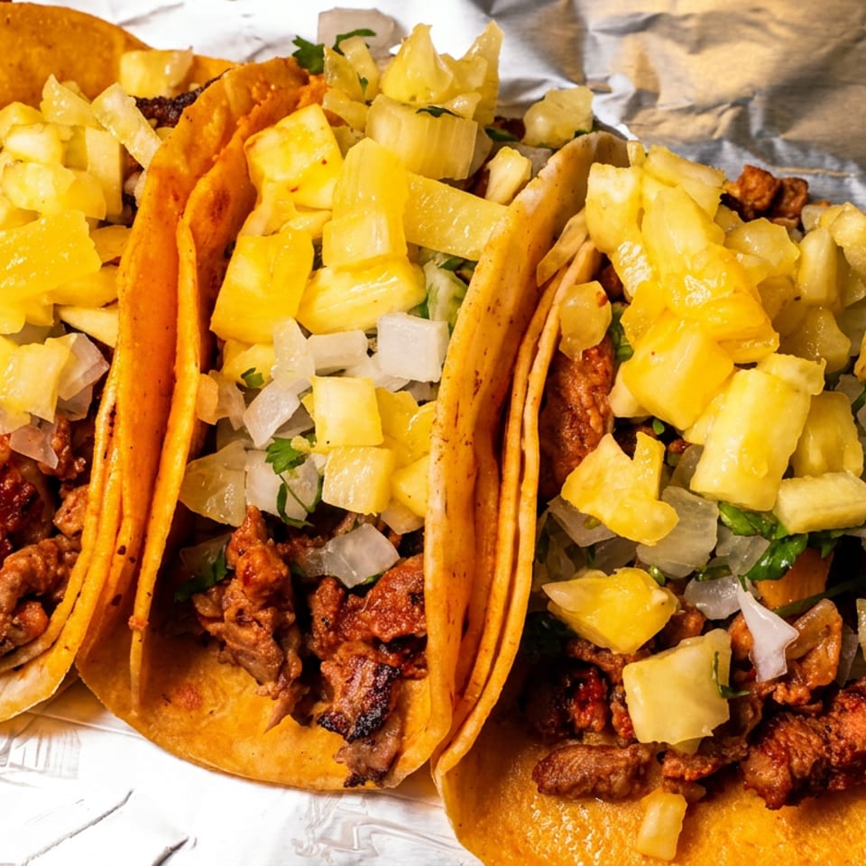 Three al pastor tacos with pineapple and onions on corn tortillas, resting on foil.